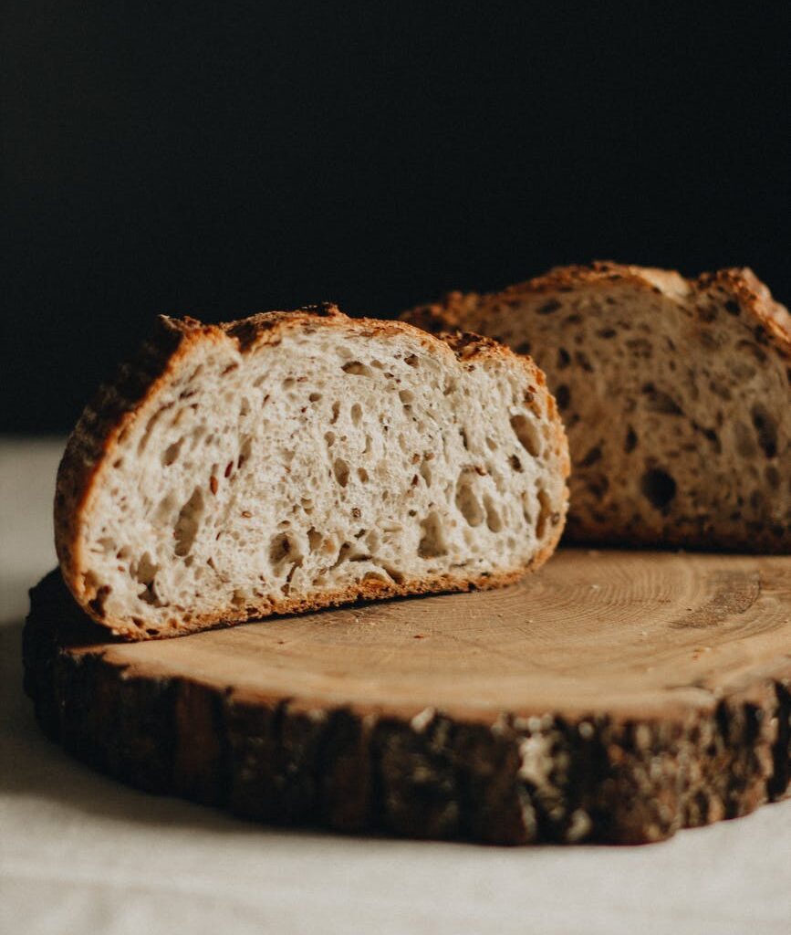 slices of bread on wooden board