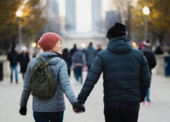man and woman holding hands while walking at park