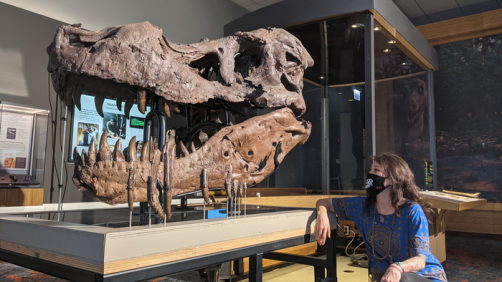 Study author Jingmai O'Connor with the skull of SUE the T. rex at the Field Museum.