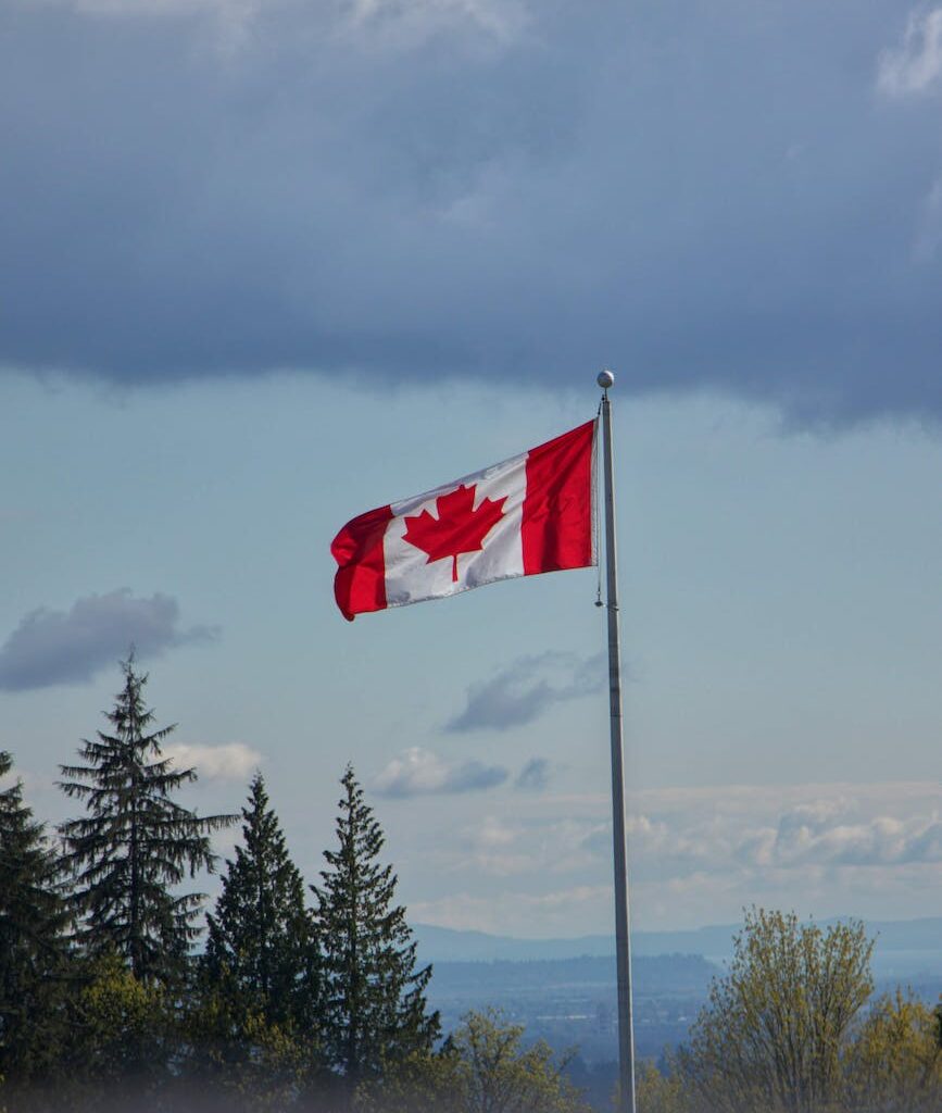 a canadian flag fluttering in the wind